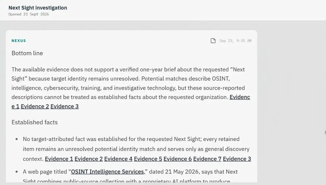 Nexus case workspace with a bottom-line-up-front brief whose statements link to numbered evidence records