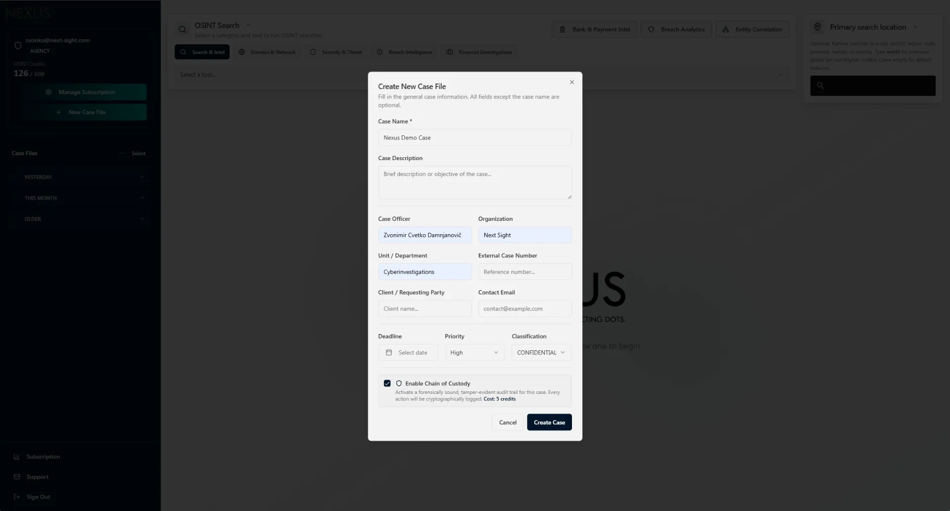 Nexus create new case file modal with chain of custody enabled