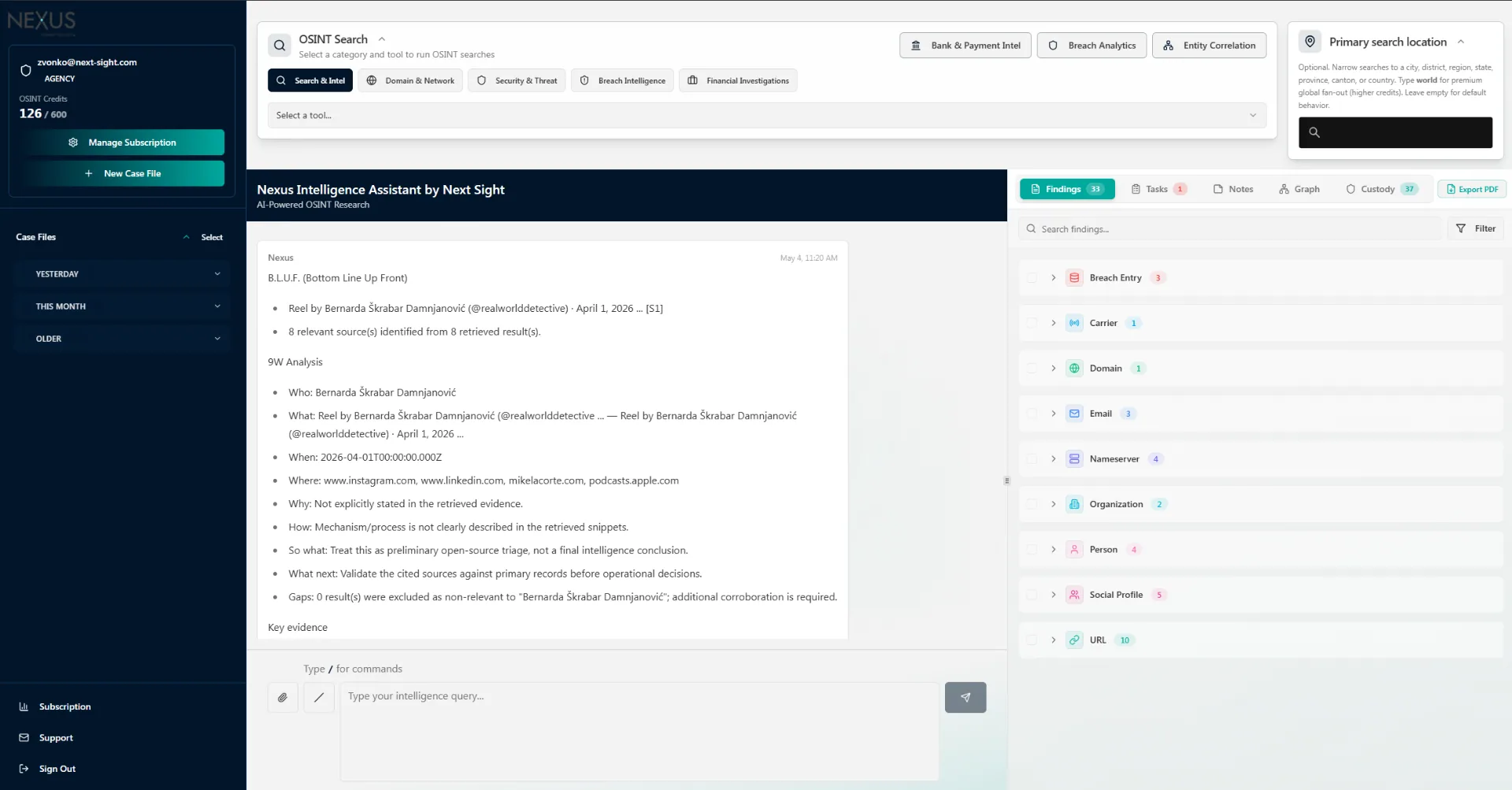 Nexus BLUF intelligence findings with structured 9W analysis and entity panel