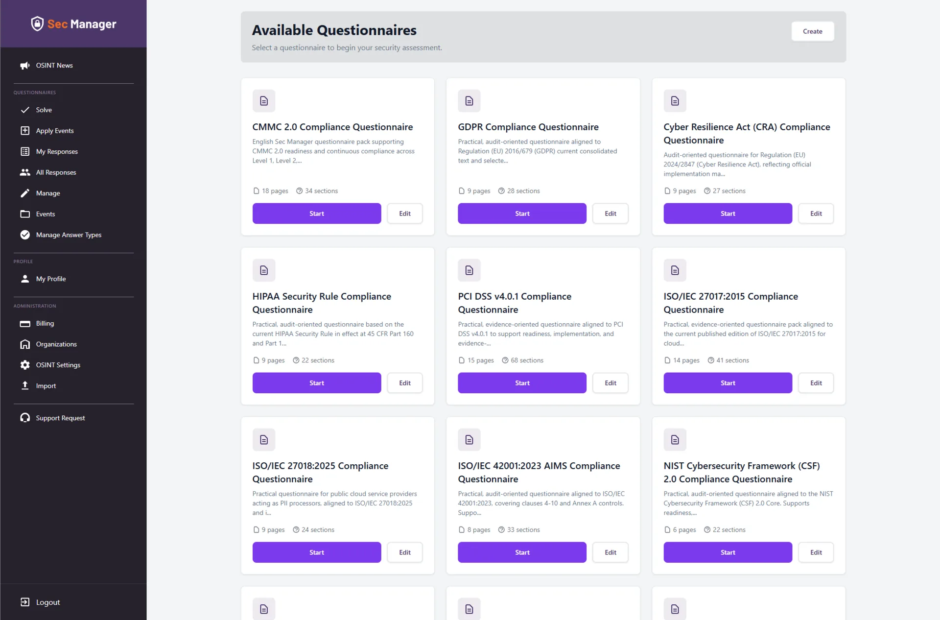 Sec Manager available questionnaires catalog showing ISO 27005, GDPR, CMMC, PCI DSS, NIST CSF and ISO 27017 compliance templates